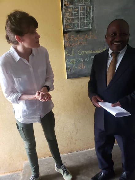 Cameroonian teacher greeting Kate Clancy during a recent visit to his school in Obala Cameroonian teacher greeting Kate Clancy during a recent visit to his school in Obala