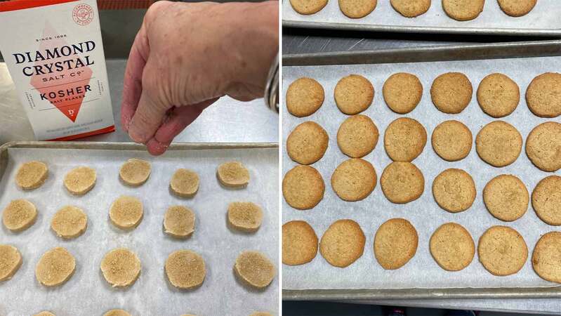 A side by side photo of sprinkling salt onto short bread. A side by side photo of sprinkling salt onto short bread.