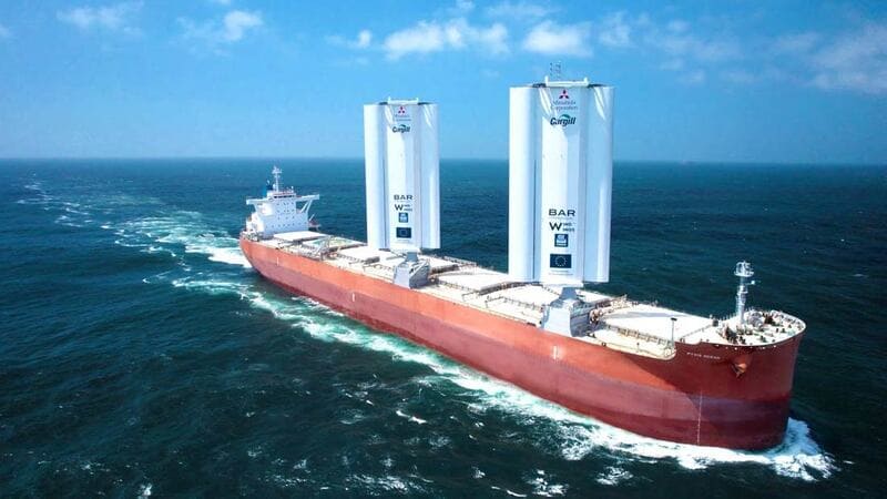 The Pyxis Ocean moves on the water with wind-powered technology. The Pyxis Ocean moves on the water with wind-powered technology.