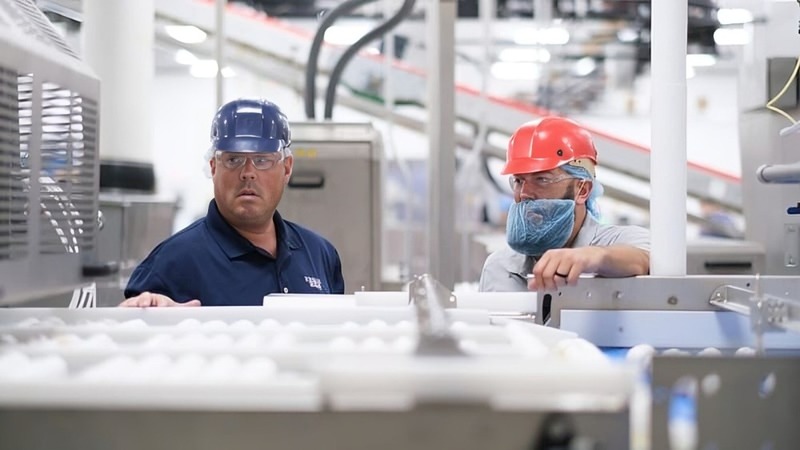Cargill employees talk at an egg production facility. Cargill employees talk at an egg production facility.