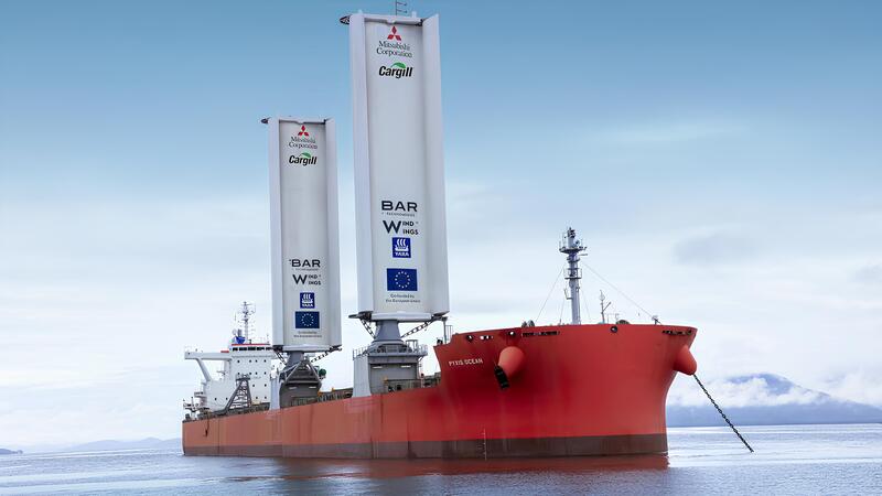 A bulk-carrying vessel with airplane-style wings that rise as 45-meter-high sails.  A bulk-carrying vessel with airplane-style wings that rise as 45-meter-high sails.