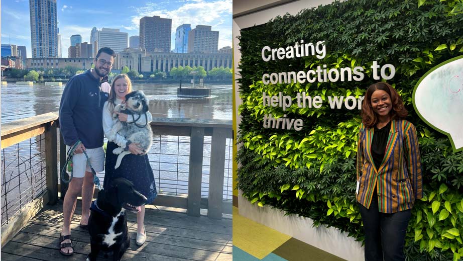 Two photos side by side of a family with dogs and an intern posing against a floral wall. 