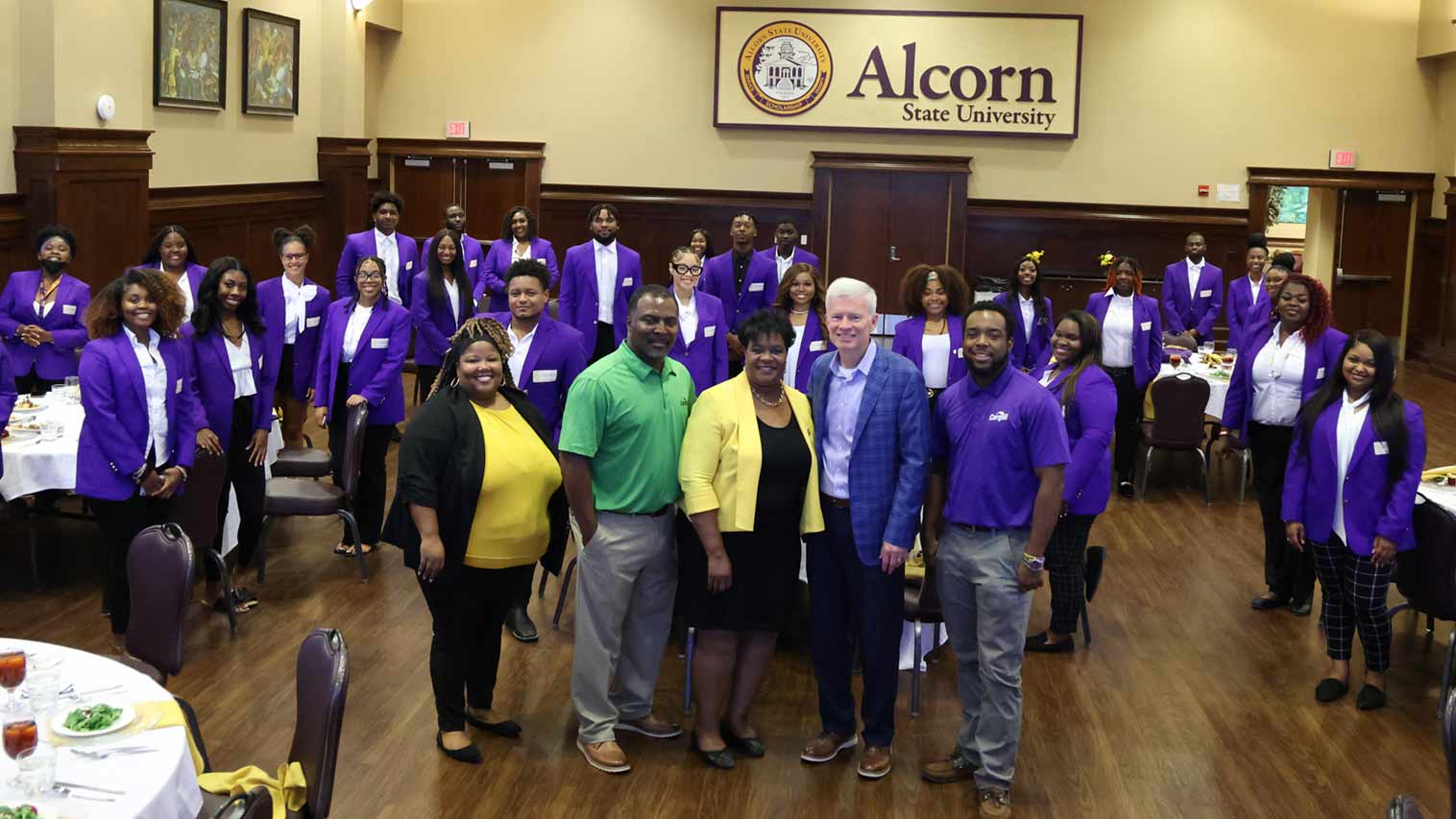 Cargill CEO Brian Sikes standing with a group of THRIVE program participants in purple blazers at Alcorn State University. Cargill CEO Brian Sikes standing with a group of THRIVE program participants in purple blazers at Alcorn State University.