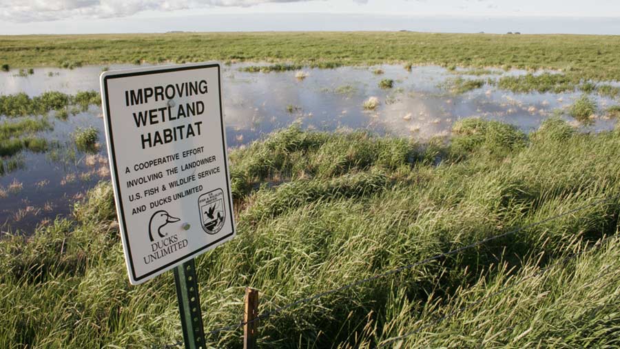 A sign for a Ducks Unlimited wetlands improvement project in Lower Great Plains.  A sign for a Ducks Unlimited wetlands improvement project in Lower Great Plains.