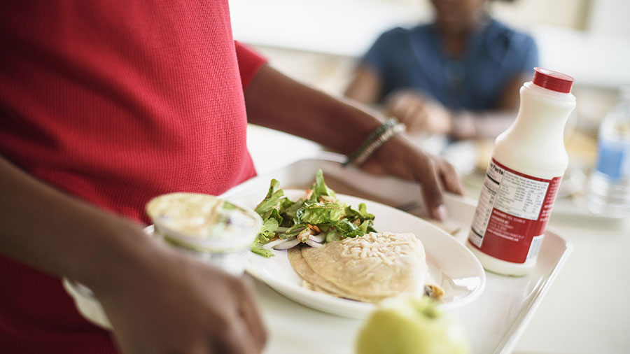 A child holds a tray with salad, tortillas and a bottle of milk.  A child holds a tray with salad, tortillas and a bottle of milk.