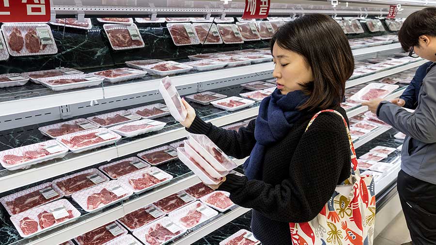 A shopper compares several cuts of beef while standing in front of a refrigerator in a store. 